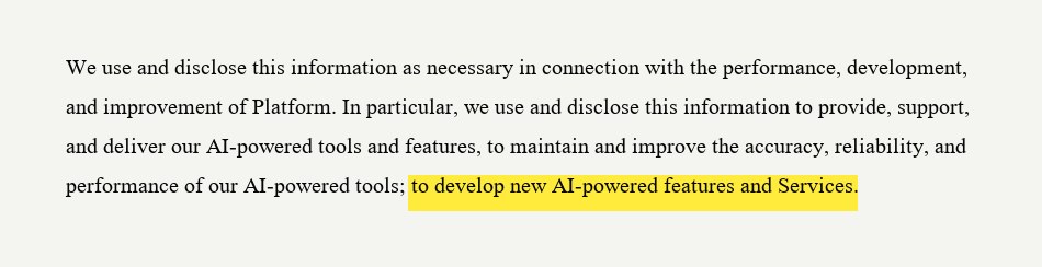 Excerpt from the 8am privacy policy showing the authorisation of customer data use in AI tool development, with the operative phrase highlighted in yellow
