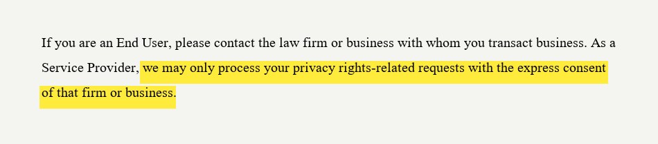 Excerpt from the 8am privacy policy showing that end-user privacy rights requests require firm consent, with the operative phrase highlighted in yellow