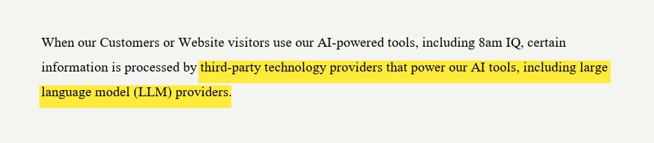 Excerpt from the 8am privacy policy showing sub-processor flow to third-party LLM providers, with the operative phrase highlighted in yellow