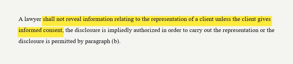 ABA Model Rule 1.6(a) excerpt with the lawyer's confidentiality obligation highlighted in yellow
