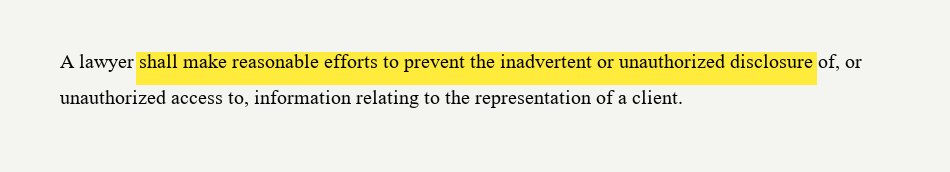 ABA Model Rule 1.6(c) excerpt with the lawyer's obligation to make reasonable efforts to prevent unauthorized disclosure highlighted in yellow