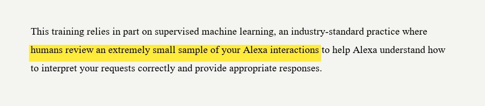 Excerpt from Amazon Alexa privacy policy showing humans review a sample of voice interactions, with the operative phrase highlighted in yellow