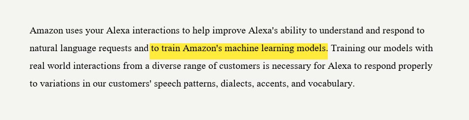 Excerpt from Amazon Alexa privacy policy showing voice interactions used to train Amazon's machine learning models, with the operative phrase highlighted in yellow