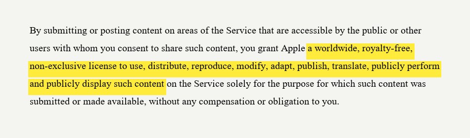Excerpt from Apple iCloud Terms of Service showing the broad license users grant Apple over content, with the operative phrase highlighted in yellow