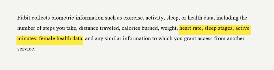 Excerpt from Fitbit privacy policy showing the biometric data Fitbit collects, with the operative phrase highlighted in yellow