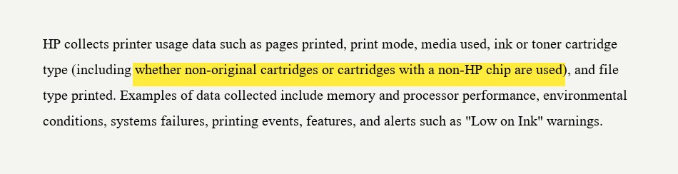 Excerpt from HP printer data collection notice showing printer telemetry collection, with the operative phrase highlighted in yellow