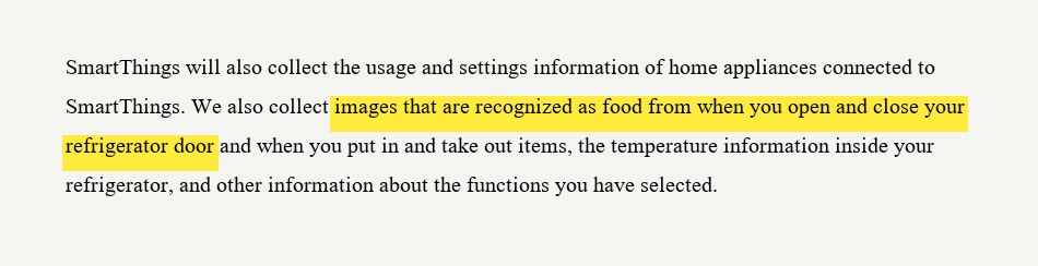 Excerpt from Samsung SmartThings privacy notice showing the collection of refrigerator-door images recognized as food, with the operative phrase highlighted in yellow