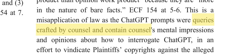 Excerpt from Tremblay v. OpenAI showing the court's holding that the ChatGPT prompts were queries crafted by counsel and contain counsel's mental impressions and opinions, with the operative phrase highlighted in yellow