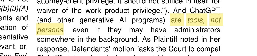 Excerpt from Warner v. Gilbarco showing Magistrate Judge Patti's holding that ChatGPT and other generative AI programs are tools, not persons, with the operative phrase highlighted in yellow
